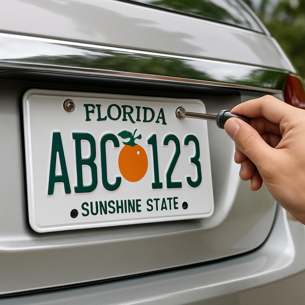 A hand holding a tool to remove the screws attached to the back of a white car, specifically where the license plate is he...