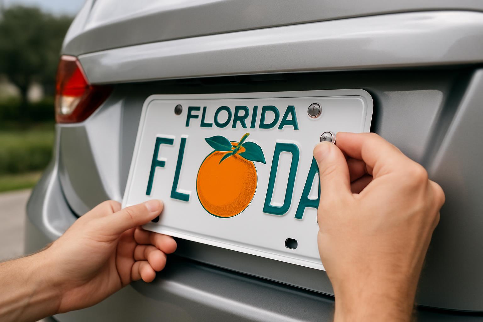 A gray car with an orange license plate that says "Florida" and has an orange on it, propped up by two hands.