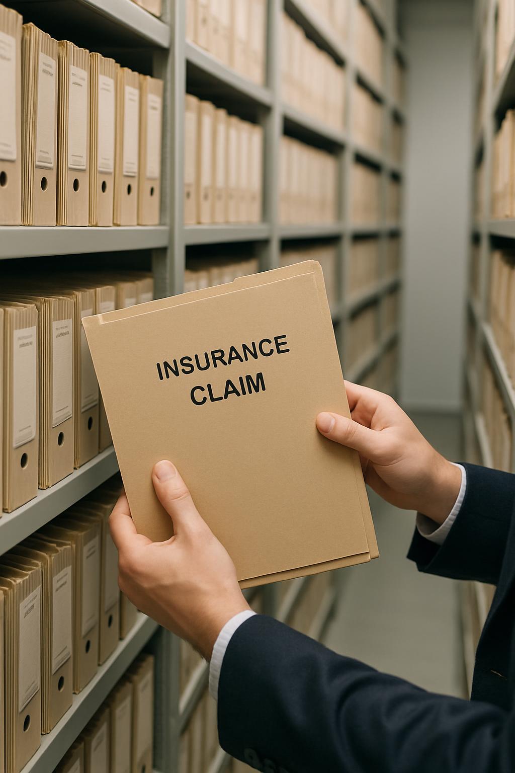 A person reaches into a storage room for a file marked "INSURANCE CLAIM".