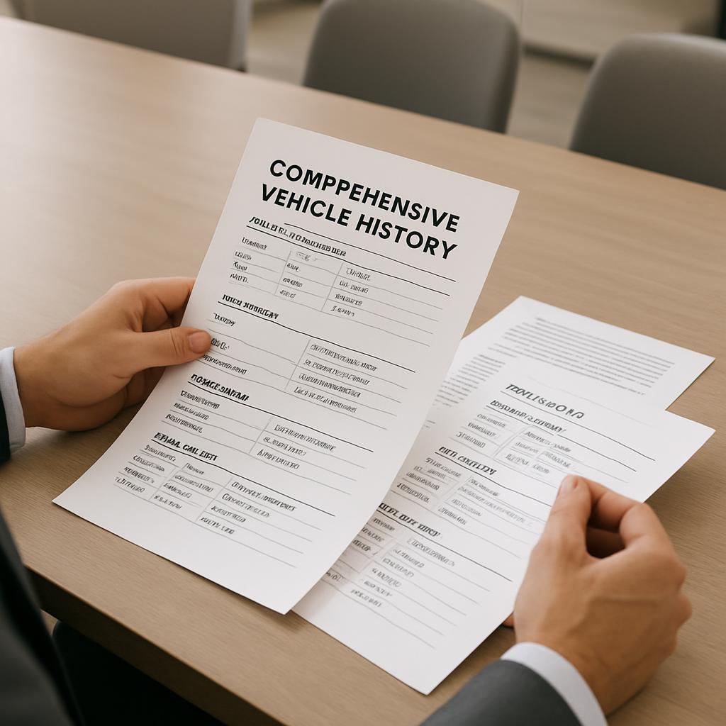 Man in a business suit holding a comprehensive vehicle history document with two more copies of the same document lying be...