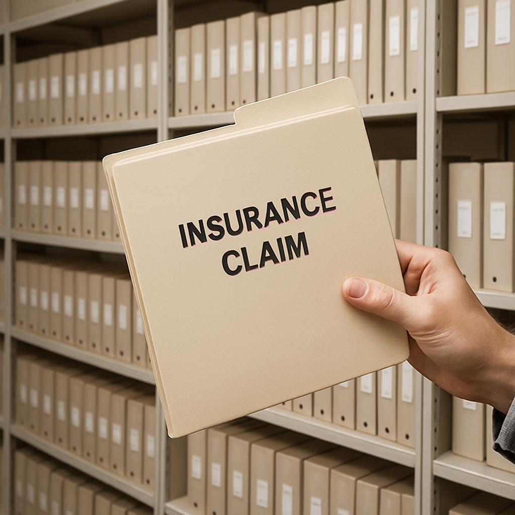 The image depicts an array of shelves filled with folders for filing of various documents. The folder held by the person i...