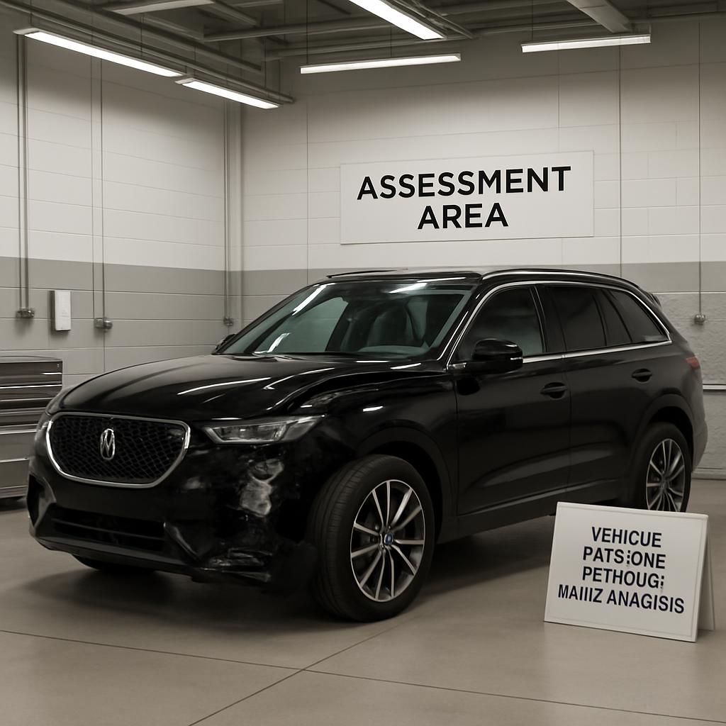 Assessment area sign featuring black SUV and information board in soft lighting.