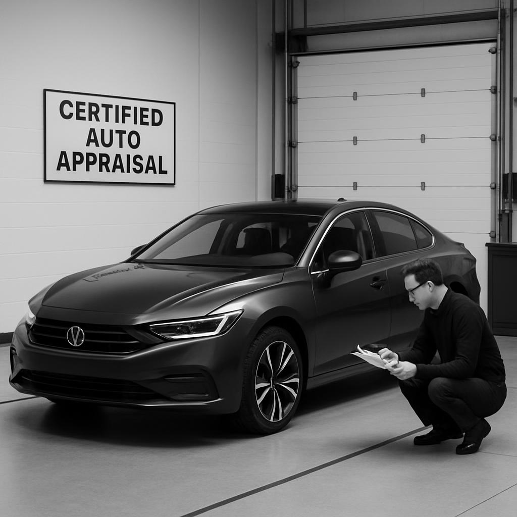 An image of a man inspecting a car in a garage, with a certified auto appraisal sign on the wall.