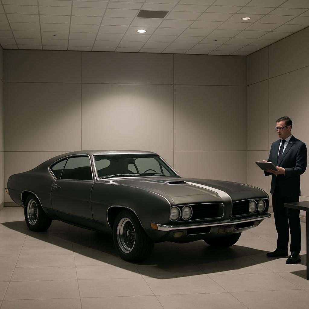 A man in a suit stands beside a car, holding a clipboard.