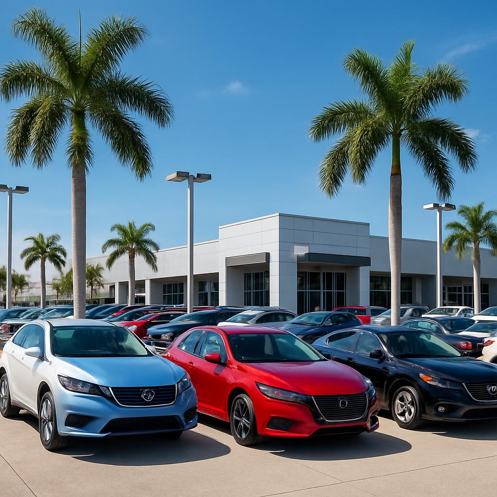 a parking lot filled with cars and palm trees in front of a white building.
