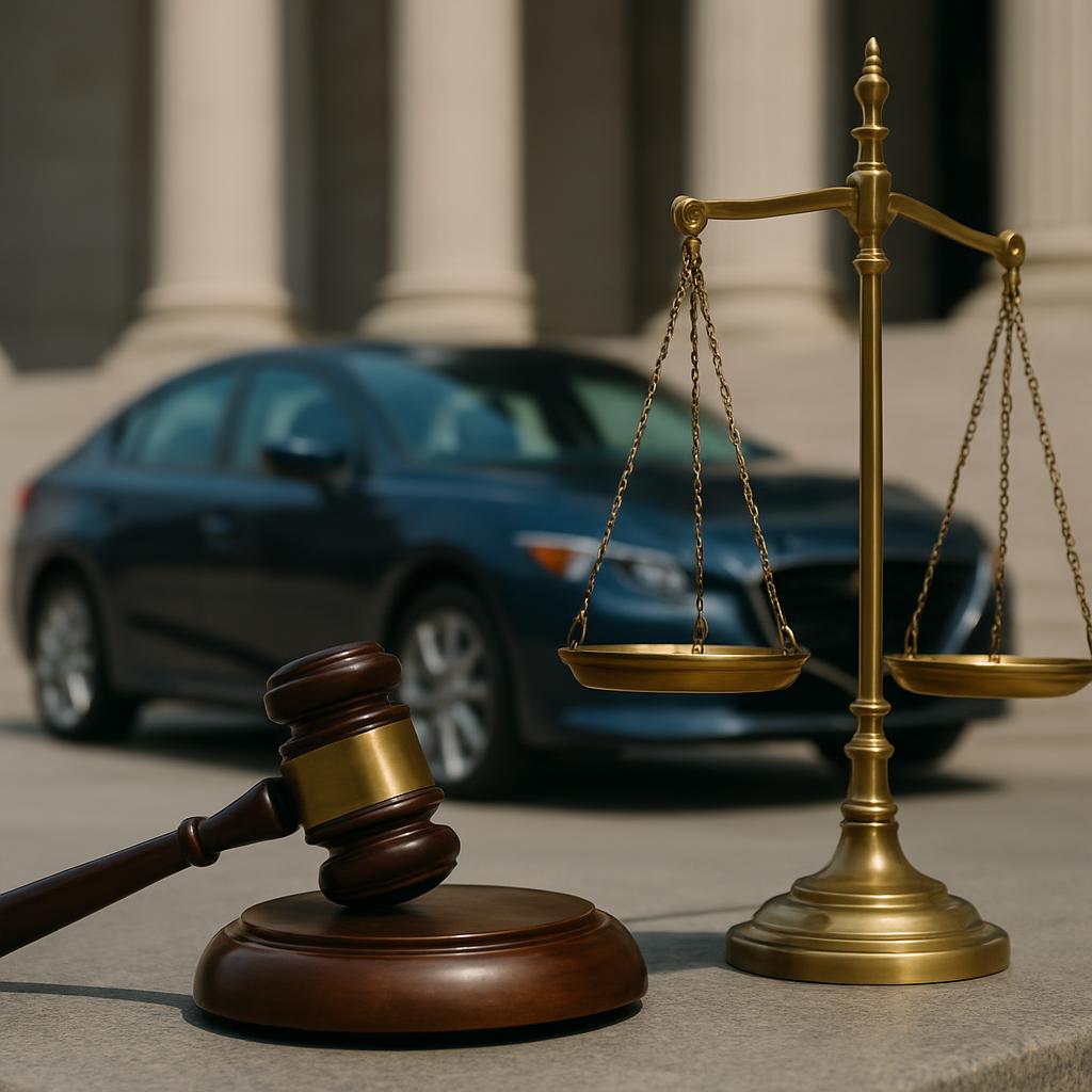 A gavel, scale, and car in the background. Brass scale, wooden gavel on a gray table with a dark gray car parked on a road...